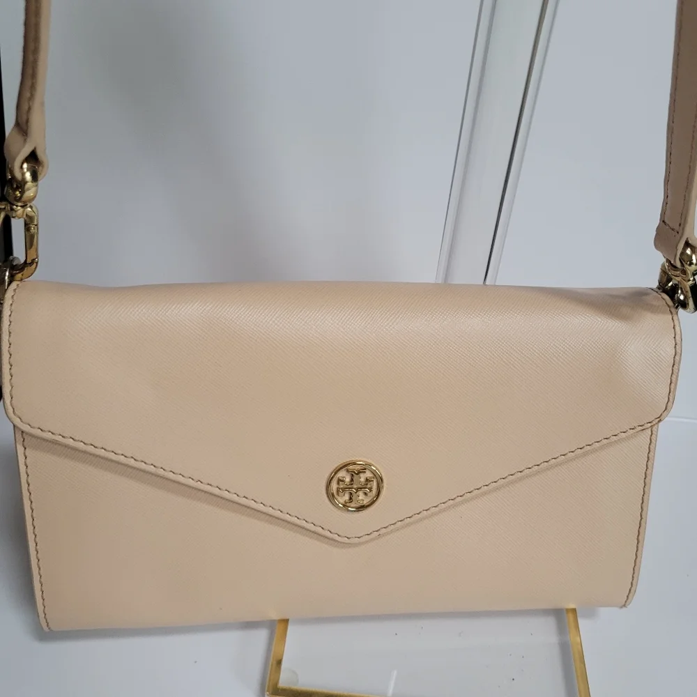 Chic Tory Burch Beige Envelope Robinson Crossbody Bag Clutch - Picture 3 of 15